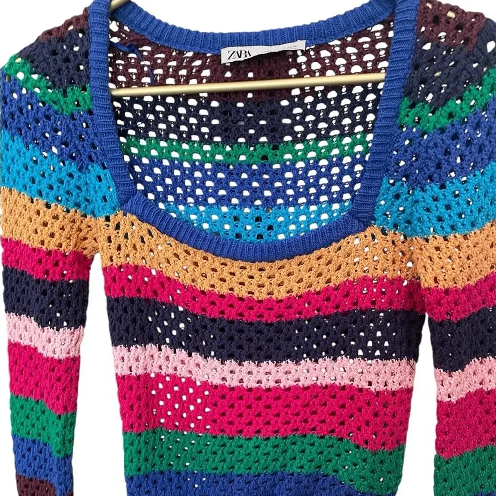 Zara Blue Green Colorblock Cropped Sweater Crew Neck Women’s S EUC - Picture 2 of 5